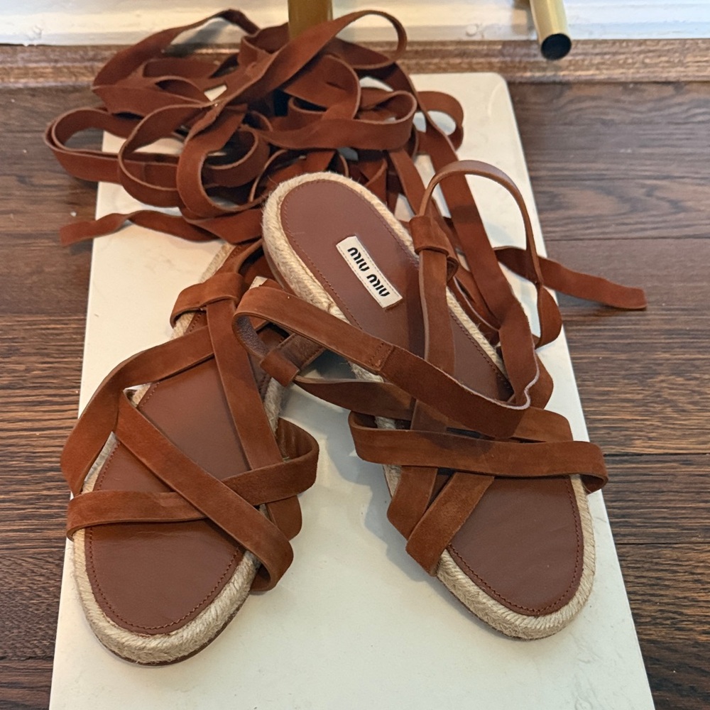 Miu Miu Tan Espadrille Wrap Sandals
